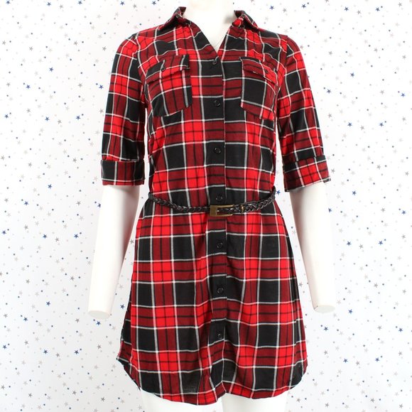 Dresses & Skirts - Half Sleeve Plaid Shirt Dress with Belt Red Black